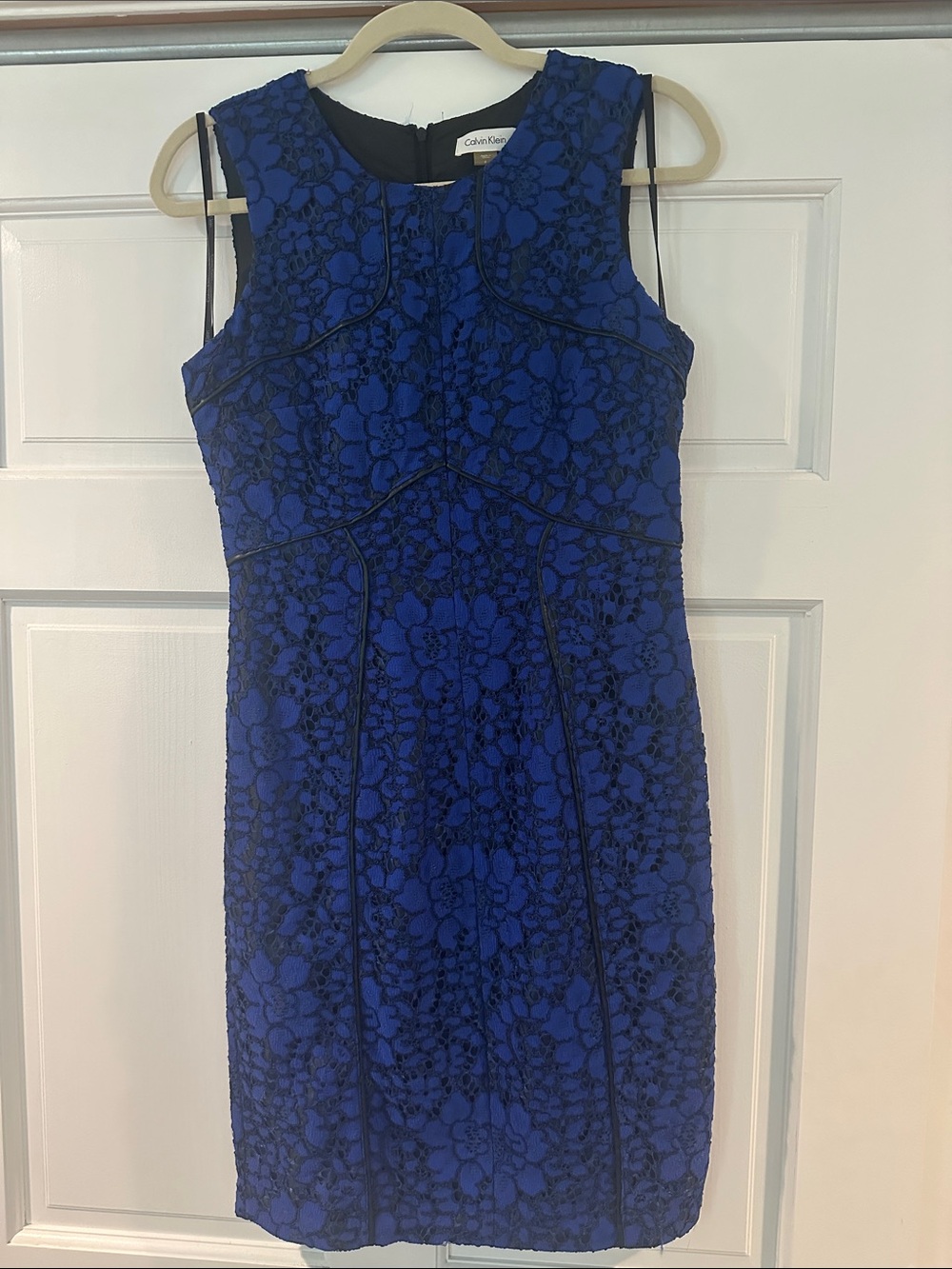 Calvin Klein Cobalt Blue Lace Sheath Dress with Black Floral Overlay